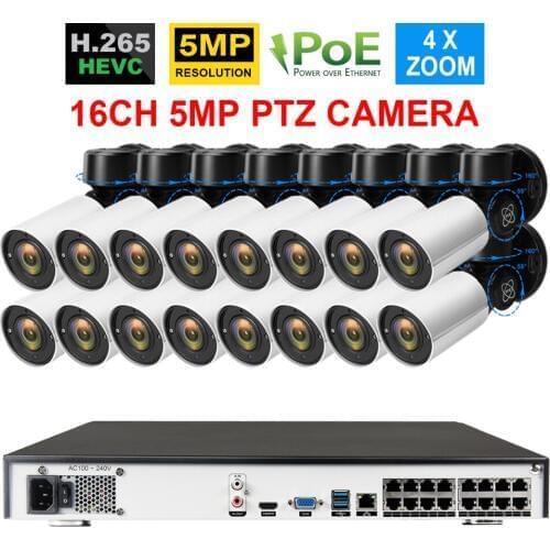 TOPROHOMIE H.265+ 16CH 5MP POE NVR System 5MP 48V POE Security Indoor Outdoor 5XOptical ZOOM 2.8mm-12mm PTZ IP Camera System 4K