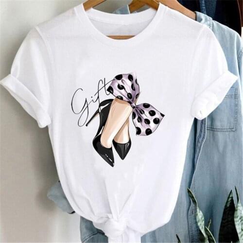 FIXSYS Black High Heel Shoes Fashion Tshirt Kawaii Kpop Woman White T-Shirts Cartoon Woman Summer Clothes Short Sleeve T-Shirts