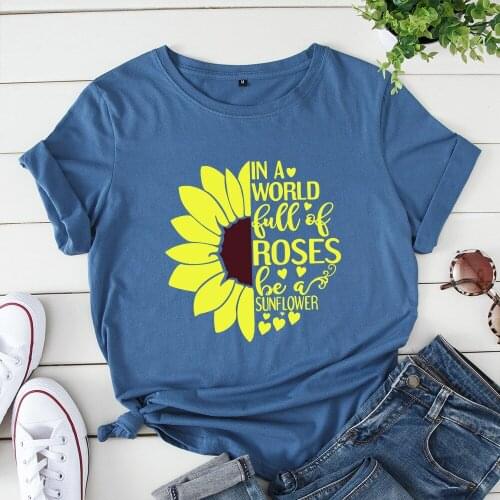 Letter Print Womens T Shirt Sunflower Short Sleeve O-Neck T-Shirt Tunic Casual Tee Shirt Femme Women Tshirt