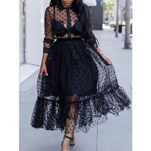 Black Mesh 2 Pieces Set Polka Dot See Through Transparent Shirts Tops with Tulle Skirts Lining Elastic Waist Pleated for Women