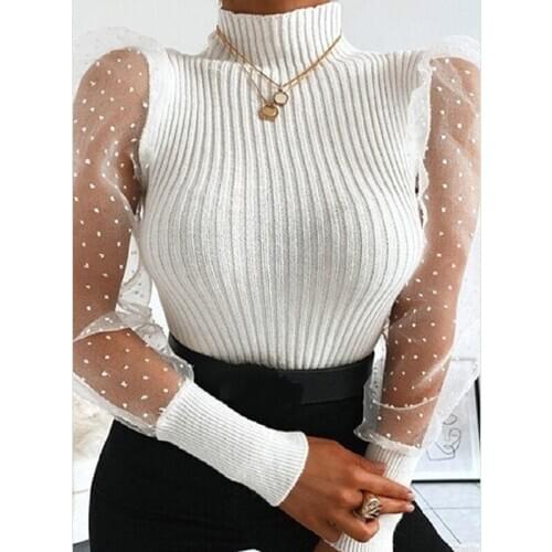 Ladies Tops Women Casual Turtleneck T Shirt Fashion Mesh Stitching Tshirt Female Elegant Bubble Sleeve T-shirt Poleras Mujer