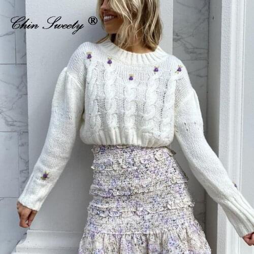 Embroidered Ribbed Women Knitted Short Pullovers O-Neck Long Sleeve Casual Warm Sweater Fashion Sweet Ladies Knitwear Streetwear