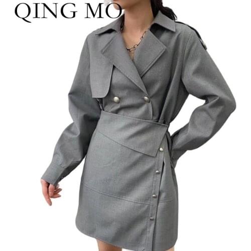 QING MO Autumn Fashion Women Suit Jacket Waist Was Thinner Solid Color Jacket 2021 New Temperament Women Jacket Gray ZWL262