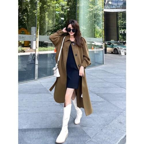 Double sided cashmere coat womens new high-end temperament in autumn and winter 2021 Hepburn loose and thin wool coat