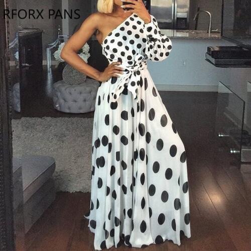 Women One Shoulder Dots Print Belted Maxi Dress Party Summer Dress