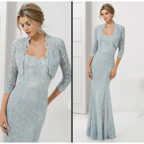 New Arrival robe de soiree Sweetheart Beaded Long Wedding Party Mother of Bride Lace Dresses With Detachable Jacket 3/4 Sleeves