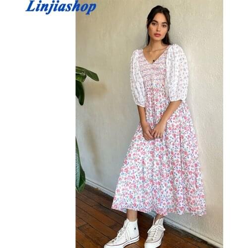 Spring Women Vintage Patchwork Floral Print Holiday Dress Female Lantern Sleeve Big Swing Casual Long Dress Boho Robe