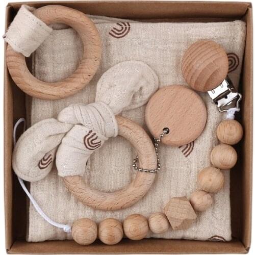 1 Set Pacifier Clips Chain Cotton Baby Bibs Teether Saliva Towel Pacifier Chain Bunny Ear Wooden Baby Gym Ring Teething Bracelet