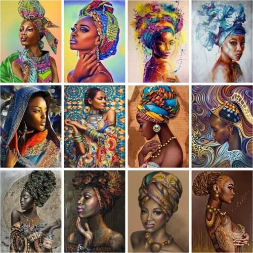 Huacan Diy Diamond Painting Woman African Home Decor Diamond Embroidery Mosaic Black Portrait Wall Stickers