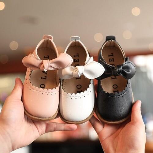 Round Toes Pu Girl Shallow Shoes 2021 Spring Kids Shoes Bowknot Buckle Baby Soft Sole Dace Dresses Shoe 21-30 Pink