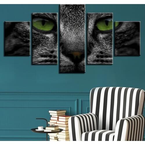 Black cat with big green eyes 5pcs Modern Home Wall Decor CanvasPicture Art HD Print Painting On Canvas for Living Room
