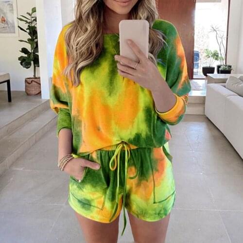 Summer Tracksuits Women Tie Dye Two Peices Set Homewear Loose Long Sleeve Shirts High Waist Shorts Loose Casual Clothing Outfits