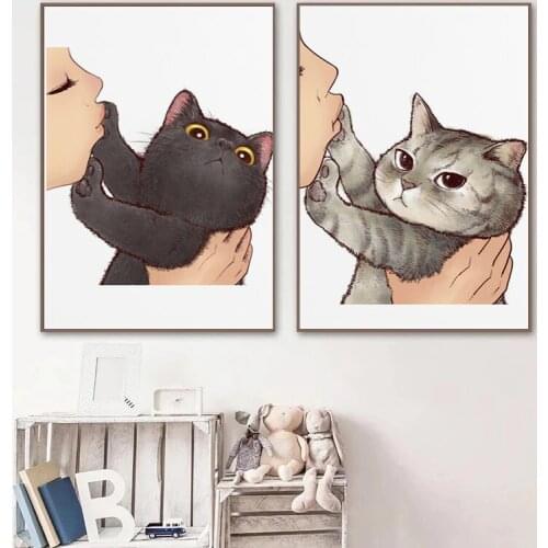 Lovely Nordic Modern Funny Cat With Kids Cartoon Canvas Painting Wall Art Posters And Prints Pictures Kids Room Home Decoration
