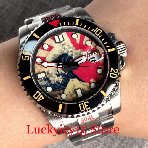 BLIGER NH35A Kanagawa Surfing Dial Luminous Dial Selfwinding Men Watch Brushed Oyster Bracelet Black Ceramic Insert