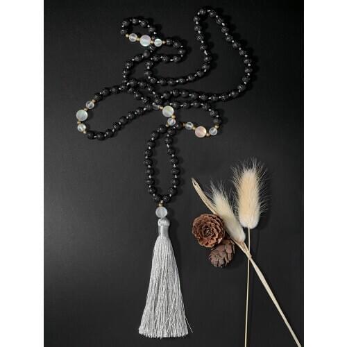 OAIITE 108 Lava Mala Beads Necklace Natural Stone Meditation Statement Necklace Yoga Rosary Prayer Charm Beaded Tassel Necklace