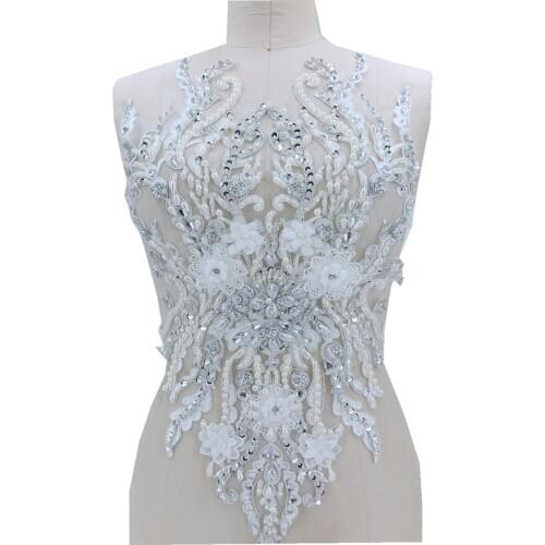 Handmade white Hot drilling Rhinestone pearl lace embroidery patch applique wedding dress bordados DIY Performance clothing