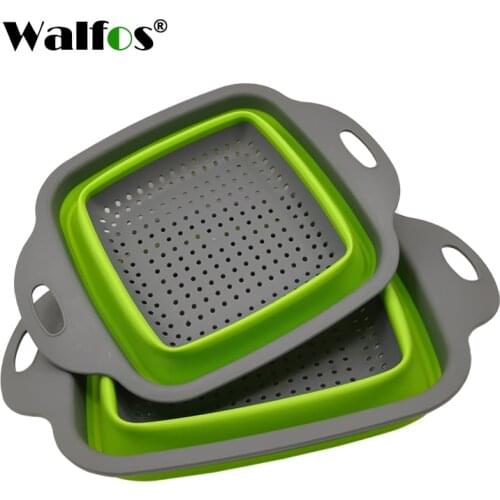 WALFOS 2 Pcs/Set Foldable Strainer Basket Collapsible Colander Sets Square Shape Fruit Vegetable Washing Drainer Kitchen Baskets
