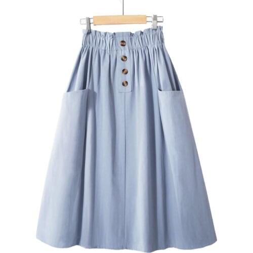Women Summer Skirt 2021 Korean Style Casual Solid High Waisted Elastic A-Line Midi Skirts With Pocket Girls Elegant Faldas