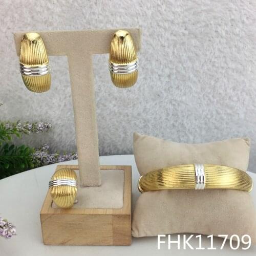 Yuminglai Russian Classical Design Fashion 3 Pcs Two Tones Luxury Jewelry Sets Earrings Bracelet and Rings FHK11709