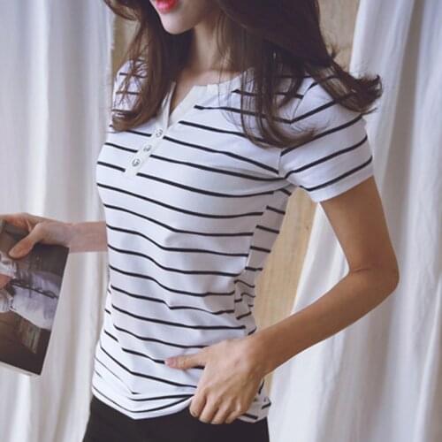 5XL Loose Blouse Shirt Women 2020 Summer Top Shirts V-neck Short Sleeve Casual White Striped Plus Size Cotton Tee Femme #b985