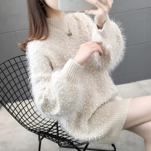 Mink Velvet Turtleneck Lantern Sleeve Sweater Women Solid Color Warm Long Sleeve Mid-Length Knitted Pullover Clothing Female Top