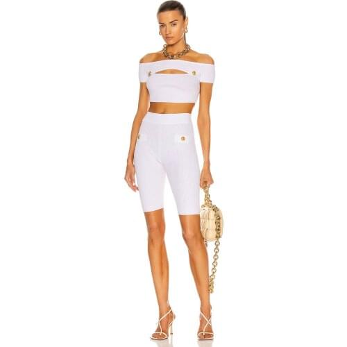 2021 Summer New White Two Piece Bandage Set Sexy Hollow Out Button Short Top Knee Length Pants Women Casual Fashion Party Set Vi