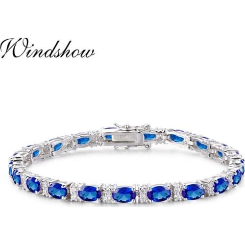 925 Sterling Silver Cluster Oval Egg Blue Stones Tennis Bracelets For Women Pulseras Pulseira Bracelete Jewelry Girl Friend Gift