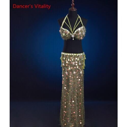 Belly Dance Female Adult Elegant Bra Performance Clothes Sexy Sequins Long Skirt Suit girl Competition Clothing High-end Custom