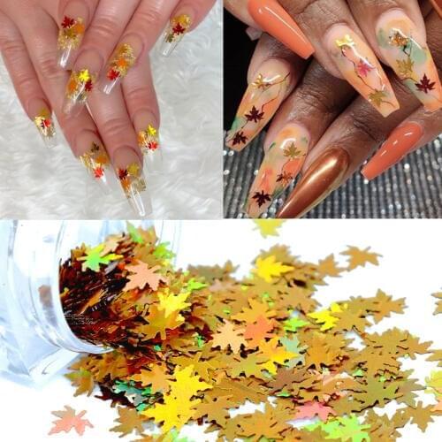 1 Box Holographic Laser Nail Glitter Fall Leaves Shape Chameleon Sequins Flakes Maple Leaf Tool Nail Art Decoration Manicure
