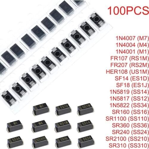 100PCS M7 M4 M1 RS1M RS2M US1M ES1D ES1J SMA Schottky Rectifier Diodes SS10 SS12 SS14 SS16 SS24 SS34 SS36 SS210 SS310 DO-214AC