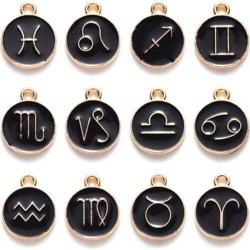 12pcs/Set Alloy Enamel Pendants Flat Round with Constellation Charm Pendant for DIY Bracelet Necklace jewelry making Accessories