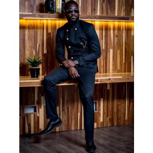 Black Stand Collar Men Suits Gold Buttons Costume Homme Prom Terno Masculino Groom Blazer Wedding 2 Pcs (Jacket+Short Pants)