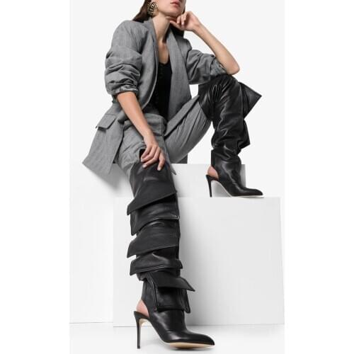 2020 Big Pockets Motorcycle Boots Women Pointed Toe Knee High Boots Thin Heel Black Shoes Woman Spring Botas Mujer