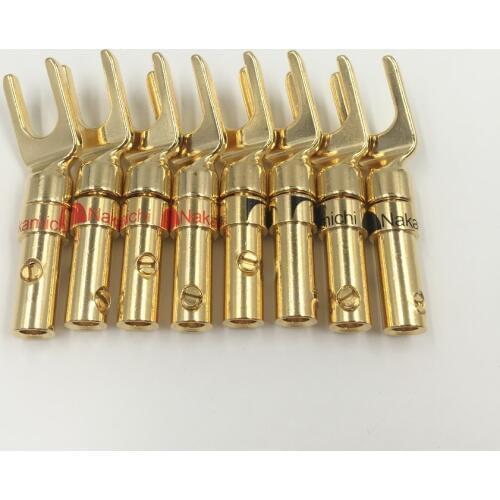 4pcs Free Shipping Nakamichi Brass Gold plated and Silver Plated Y Spade Speaker Plugs Audio Screw Fork Connector Adapter