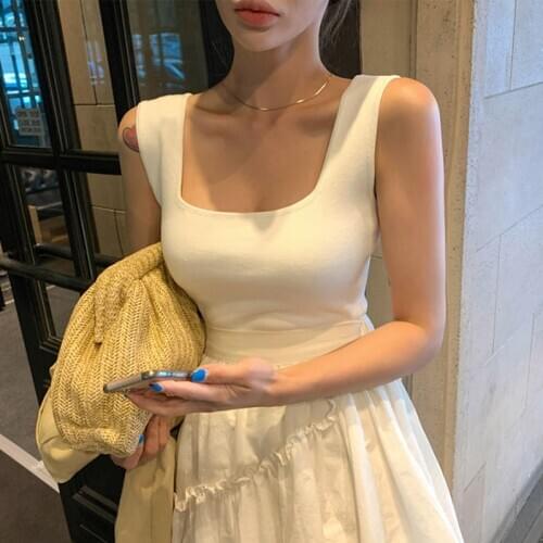 AOSSVIAO 2021 Forefair Tank Tops Sexy Crop Vest Solid Harajuku Korean Female Off Shoulder Knitted Black White Summer Women Tops