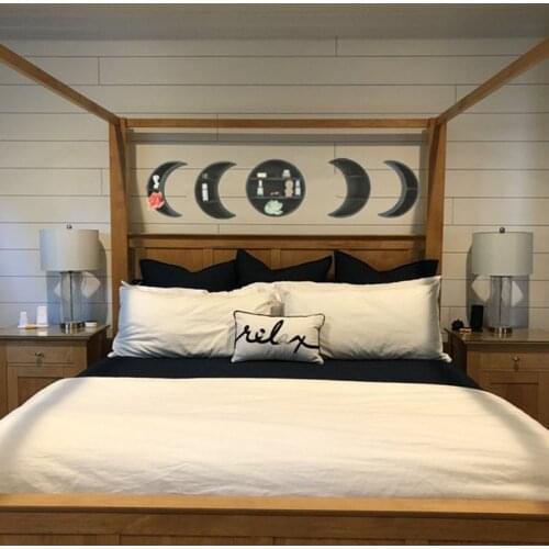 Boho Style Wooden Triple Moon Shelf Set Wall Decor Crystal Display The Moon Phase Wood Shelves Crescent Moon Essential Oil Rack