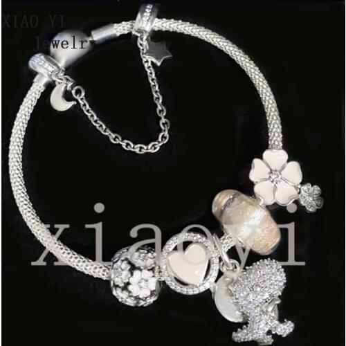 Xiaoyi S925 white flower love hollowed out zircon dinosaur star moon safety chain fashion bracelet female