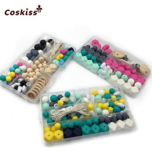 Baby Teether Toy 3pcs Silicone Teething Kit Geometric Hexagon Silicone Heart-Shaped Beads Wooden Ring DIY Baby Nursing Necklace