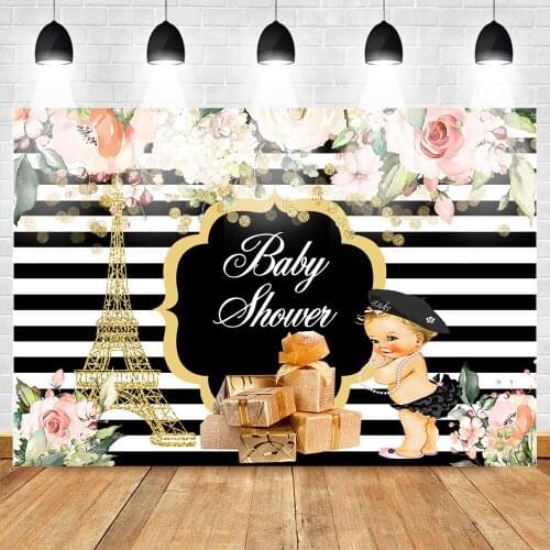 Paris Baby Shower Backdrop Black White Stripe Floral Photo Booth Backdrop Eiffel Tower Little Princess Gift Photography Backdrop