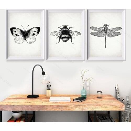Insect Dragonfly Art Canvas Posters Painting Butterfly and Bumble Bee Pictures Print Nursery Kids Bedroom Wall Decoration