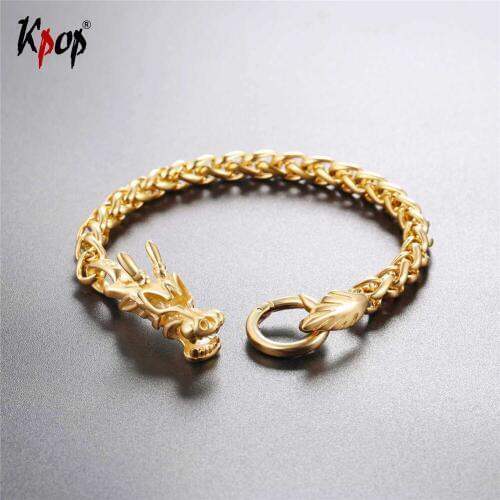Kpop Bracelet Stainless Steel Hip Pop Cool Chinese Dragon Bangle Gold/Black Color Charm Jewelry Animals Bracelets Gift H2704