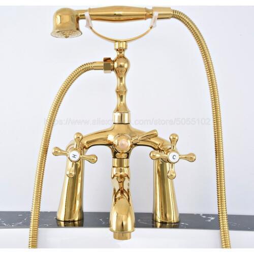 Deck Mounted Bath Tub Faucet Luxury Gold Color Brass Bathtub Faucets with Hand Shower Dual Handle Mixer Tap ztf772