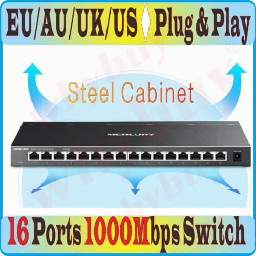 Steel/Metal cabinet 16 RJ45 Ports 1000Mbps Gigbit Ethernet Network Switch Desktop/Rackmount Design MDI/MDIX 6KV LightningProtect