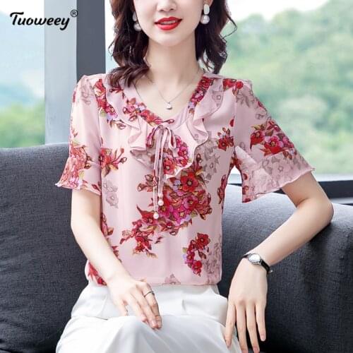 Fashion Floral Print Chiffon Blouse Shirt Loose Buttons Tops Pullover Casual Summer Ladies Female Women short Sleeve Blusas