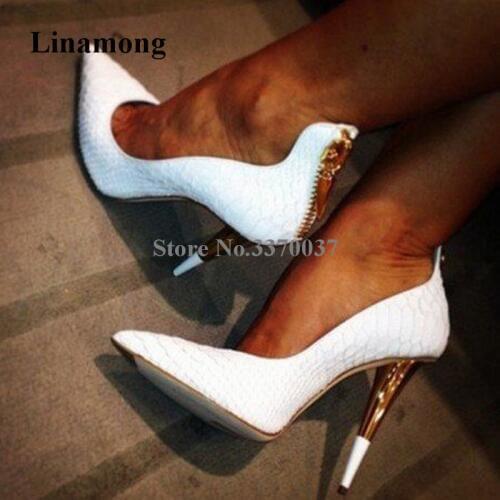 Fashion Brand Women Pointed Toe White Pattern Leather Stiletto Heel Pumps Back Zipper-up Red Black High Heels Dress Shoes