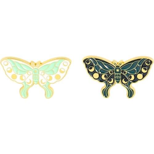 Cartoon Night Luminous Insect Brooches Punk Gothic Moon Phase Butterfly Enamel Pins Bag Lapel Badge Jewelry Gift for Friends