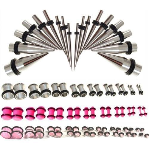 72piece Pink Lovers Starter Ear Gauge Kit Stretching Plug Tunnel Earring Taper Piercing Expander Set 14g to 00g