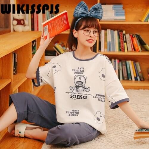 WIKISSPJS 2021 New Summer Cotton Short Sleeve Lovely Girl Student Home Wear Womens Pajamas Young Girl Casual Wear