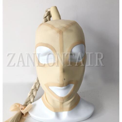 New design sexy exotic lingerie unisex men women nude color handmade latex hoods with twisted braid pigtail fetish cekc zentai