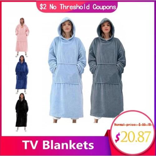 TV Blanket Women Wearable Winter Fleece Blanket With Sleeves Plush Sherpa Blankets Pocket Sofa Bathrobe Adults Kids Hoody